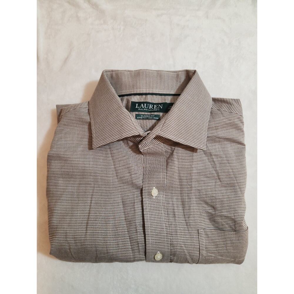Lauren Ralph Lauren Shirt Mens Large 16.5 32 / 33 Brown Houndtooth Long Sleeve
